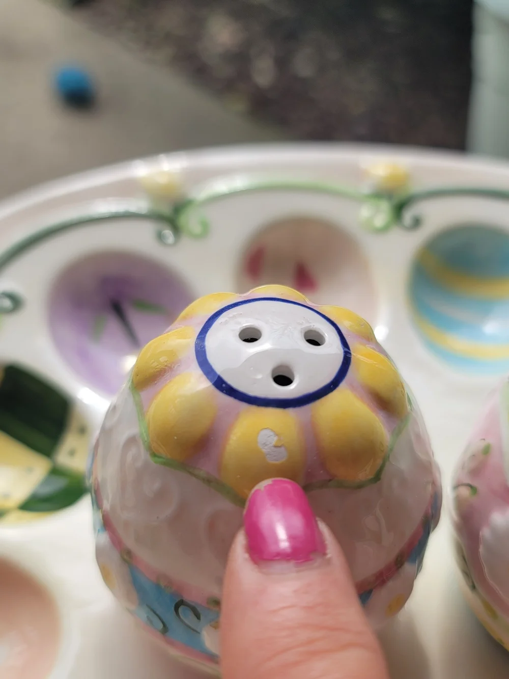 Vintage Hand-Painted Easter Egg Salt & Pepper Shakers on Pastel Egg Tray